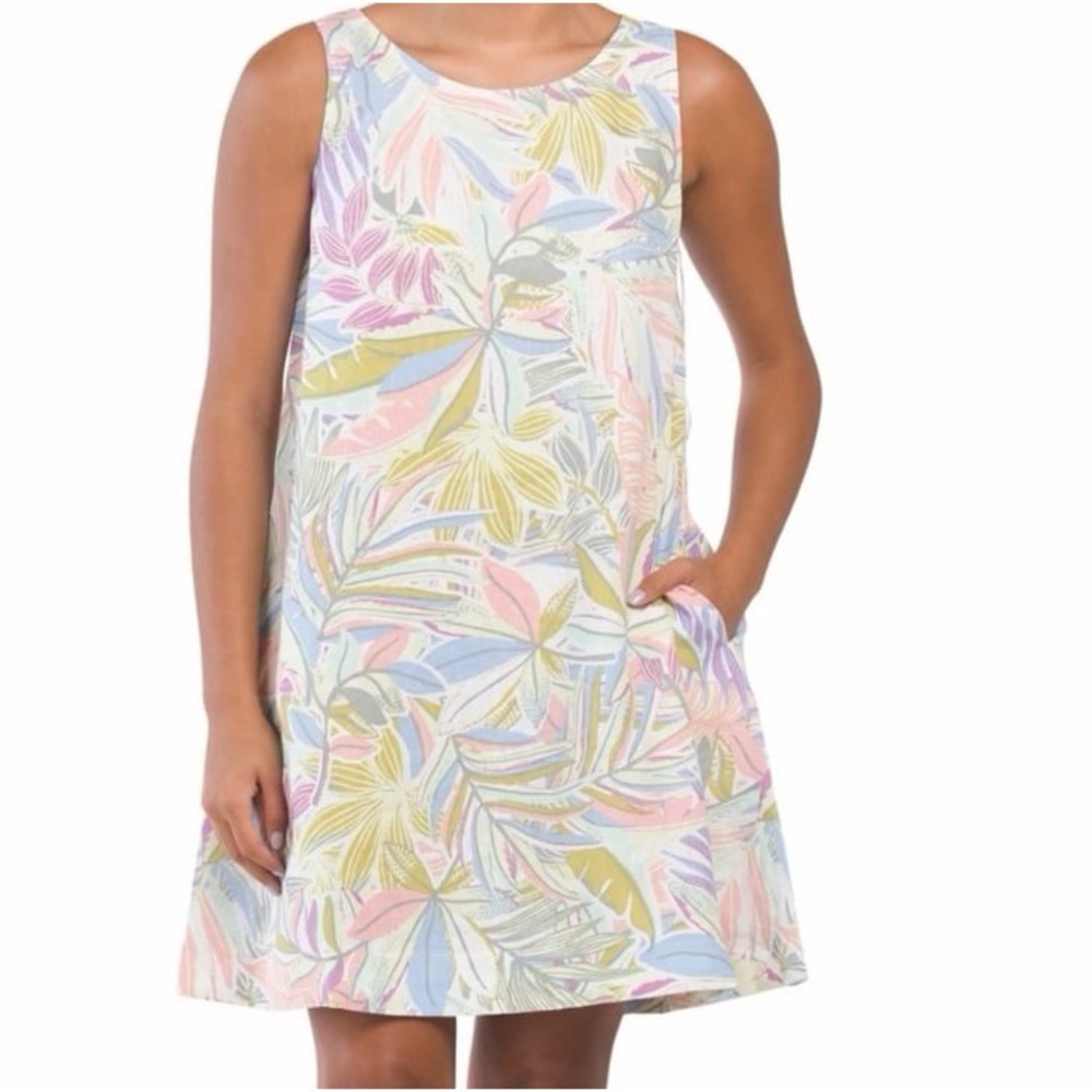 C&C California Linen Shift Dress XS Multicolor Tropical Floral Sleeveless Pocket